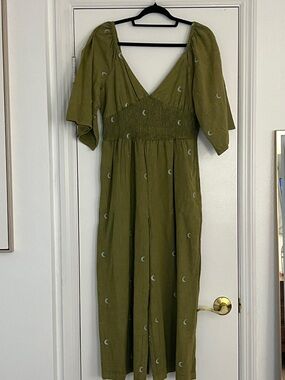 Olive Green V-Neck Jumpsuit with Smocked Waist